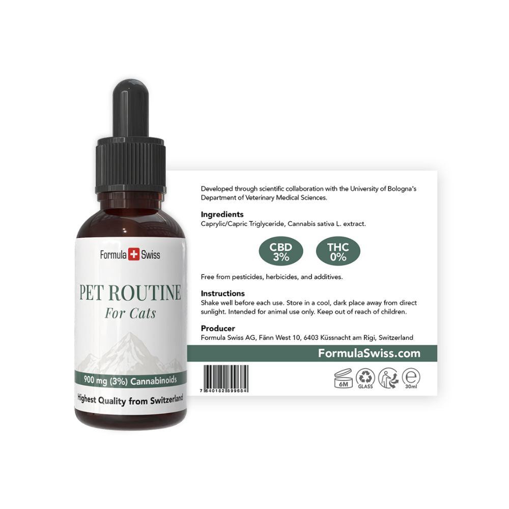 Flaske med CBD olie til katte fra Formula Swiss med pipette på hvid baggrund